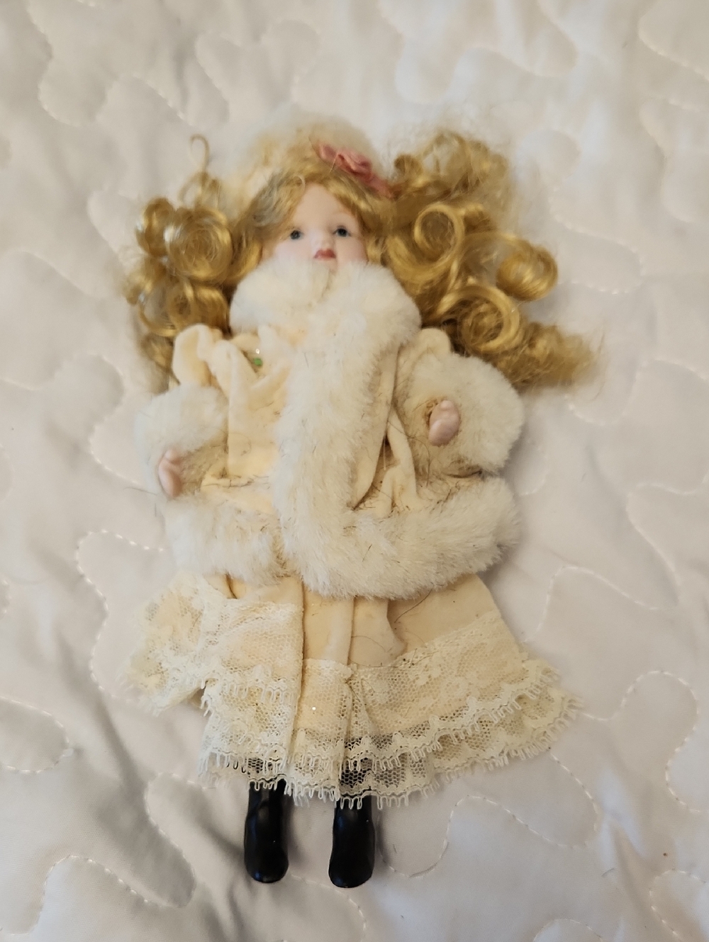 Source Unknown Blonde Porcelain Doll in Cream Coat with Black Boots